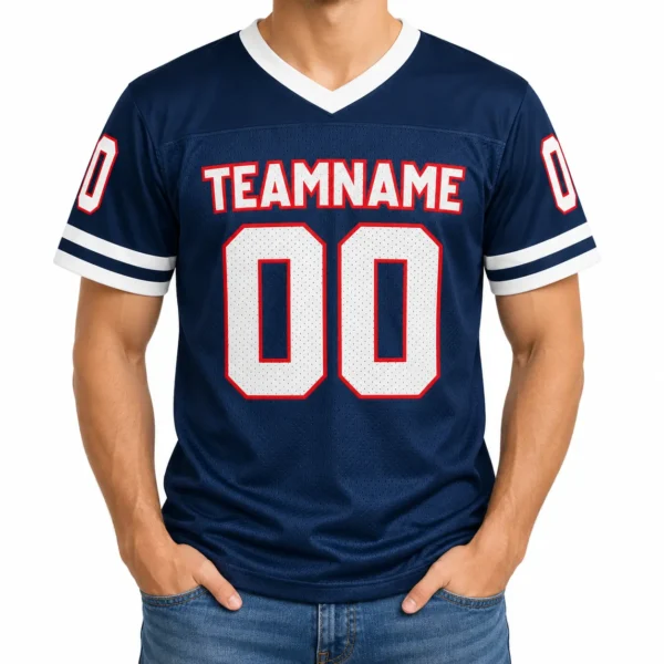 Custom Football Jersey New England Navy and White, front view on model