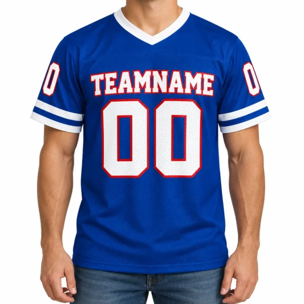 Custom Football Jersey New York G Royal Blue and White, front view on model