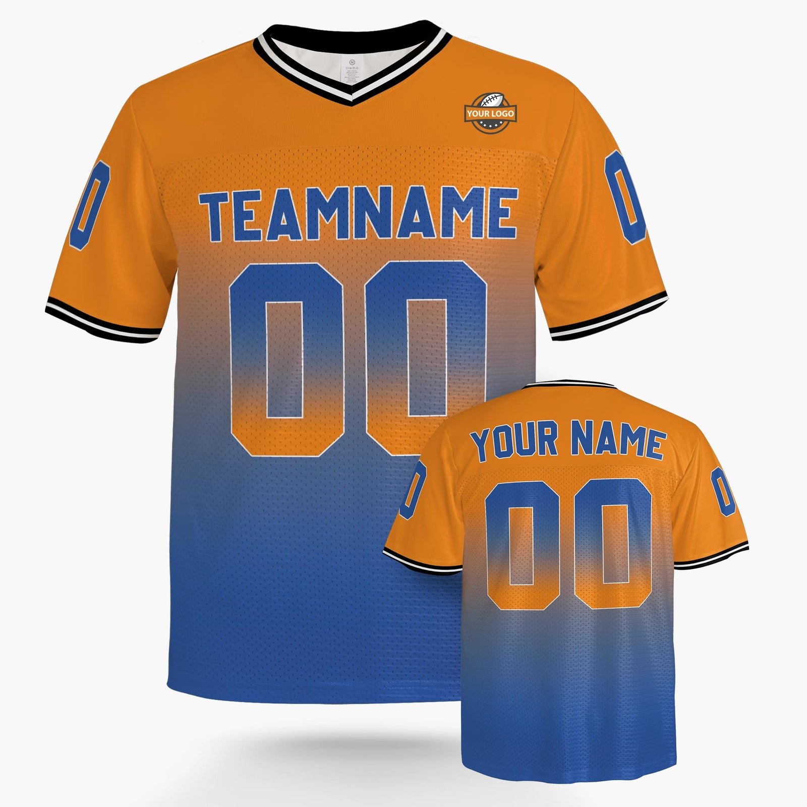 Custom Football Jersey Orange and Blue Gradient, front view