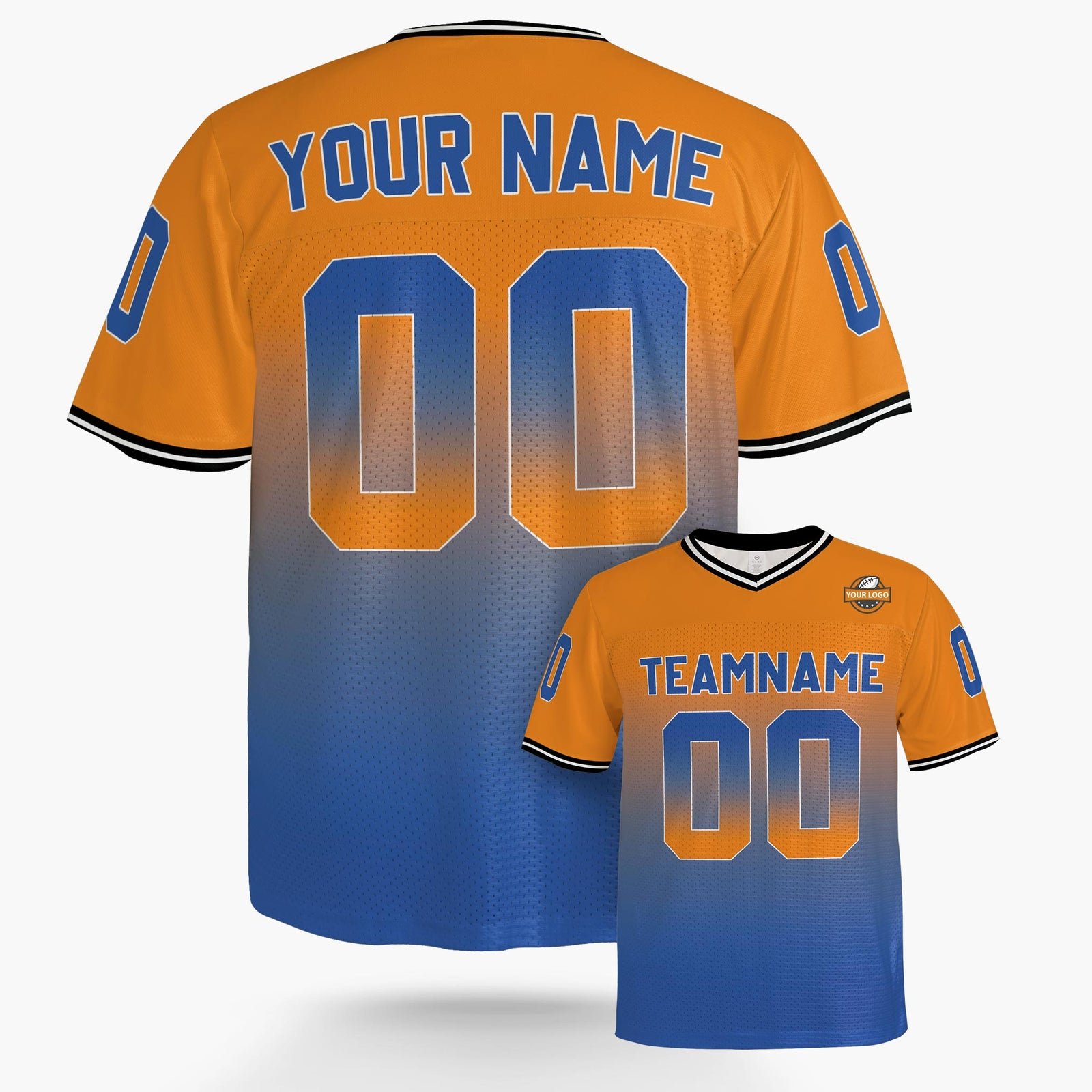 Custom Football Jersey Orange and Blue Gradient, back view