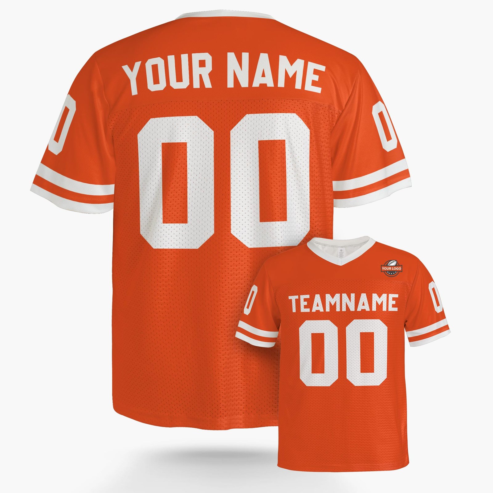 Custom orange and white football jersey, back view with name and number