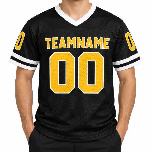 Custom Football Jersey Pittsburgh Black and Yellow, front view on model