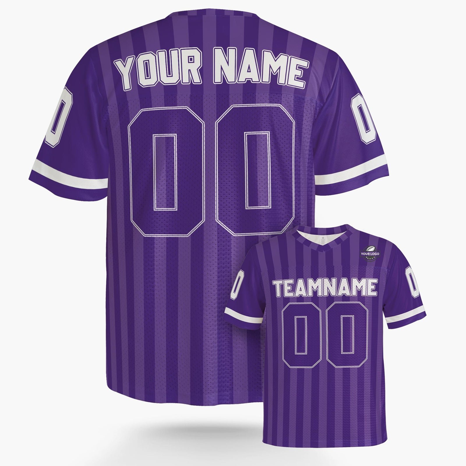Custom Football Jersey Purple and White Striped, back view