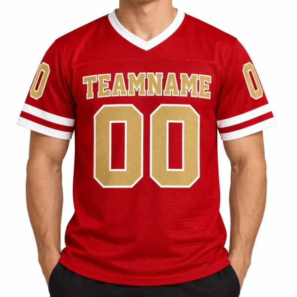 Custom Football Jersey San Francisco Red and Gold, front view on model