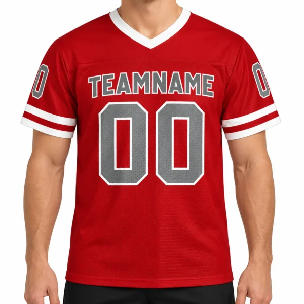 Custom Football Jersey Tampa Bay Red and Pewter, front view on model