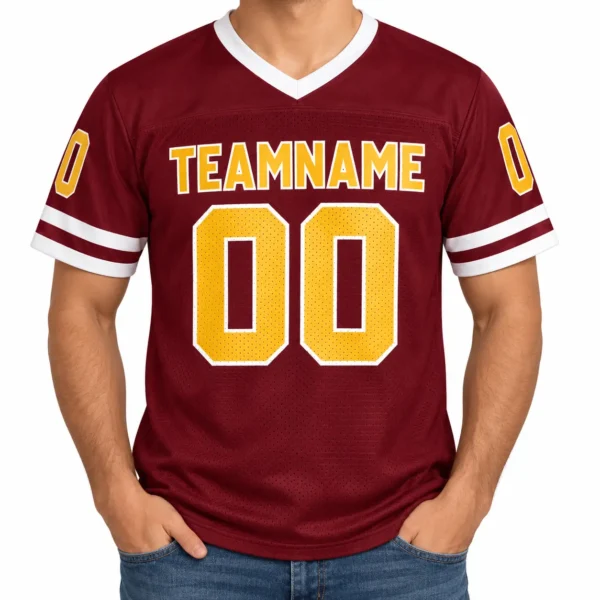 Custom Football Jersey Washington Burgundy and Gold, front view on model