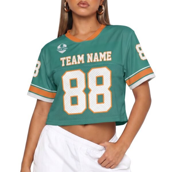 Custom Women's Crop Football Jersey Aqua and Orange, front view