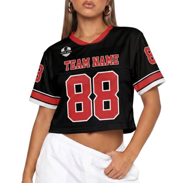 Custom Women's Crop Football Jersey Black and Red, front view