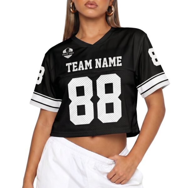 Custom Women's Crop Football Jersey Black and White, front view