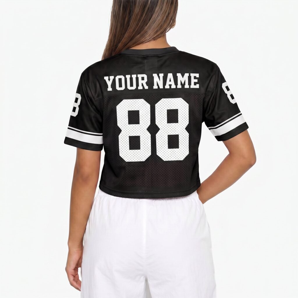 Black and White Custom Women's Crop Football Jersey with Name and Number