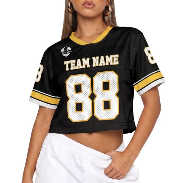 Custom Women's Crop Football Jersey Black and Yellow, front view