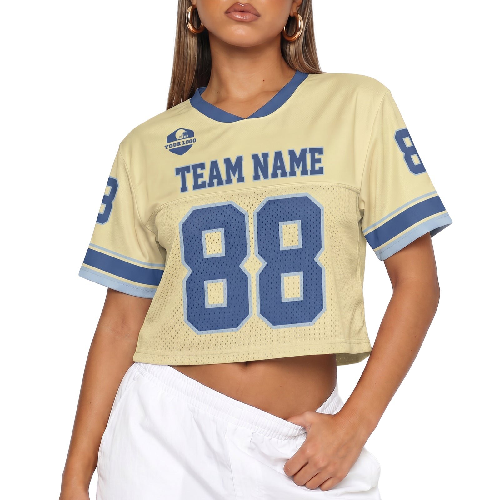 Custom Women's Crop Football Jersey Butter Yellow and Blue, front view