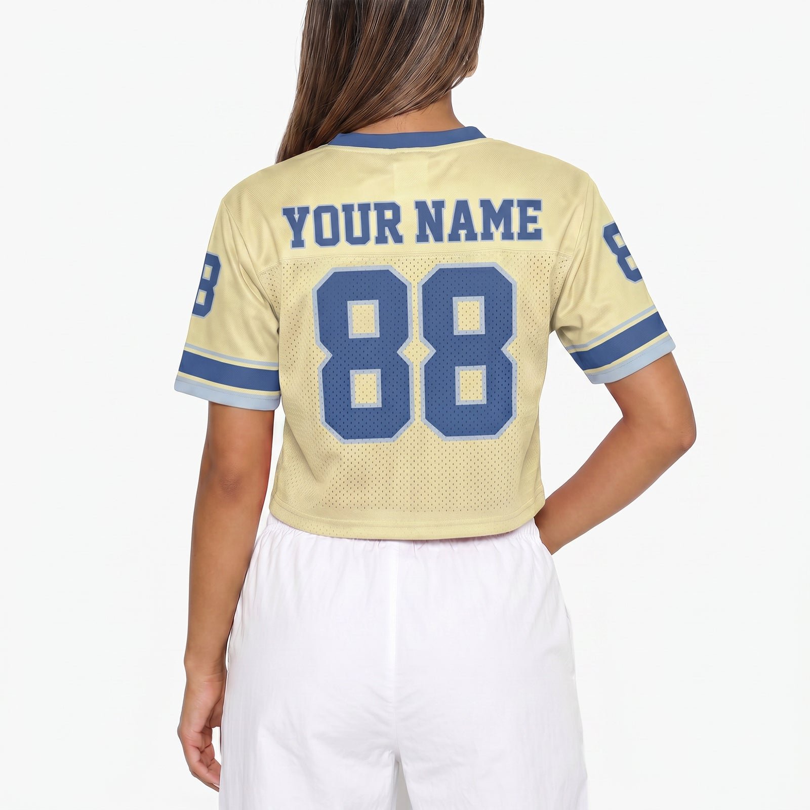Custom Women's Crop Football Jersey Butter Yellow and Blue, back view