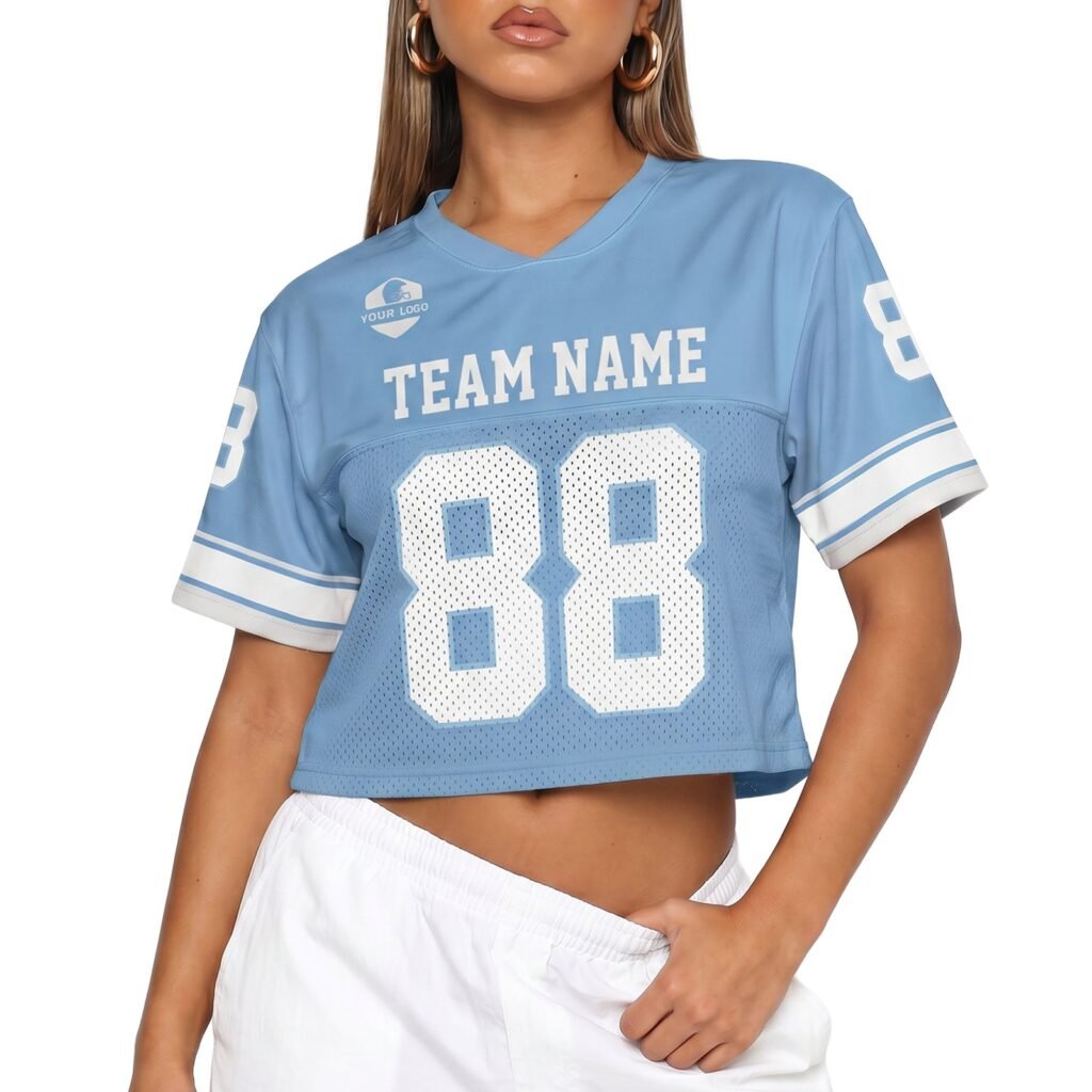 Light Blue and White Custom Women's Crop Football Jersey with Name and Number
