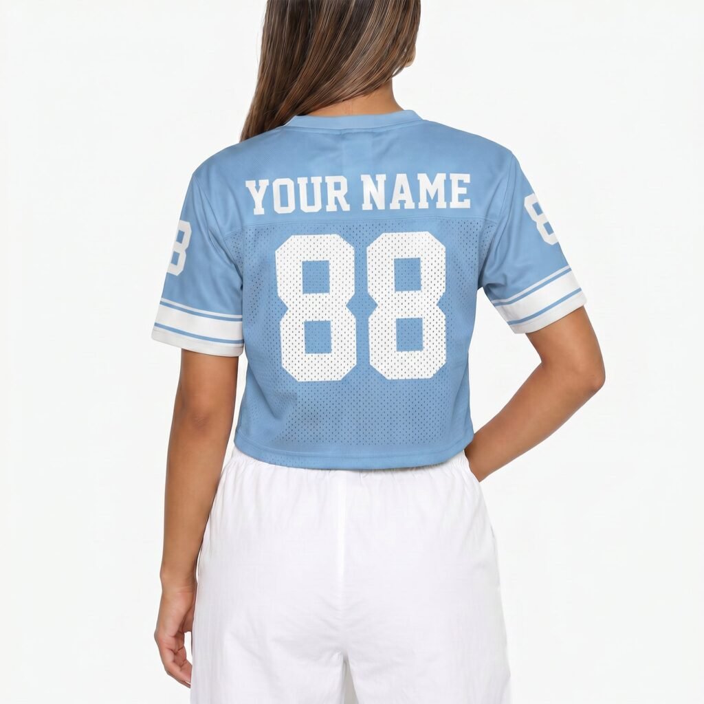 Light Blue and White Custom Women's Crop Football Jersey with Name and Number