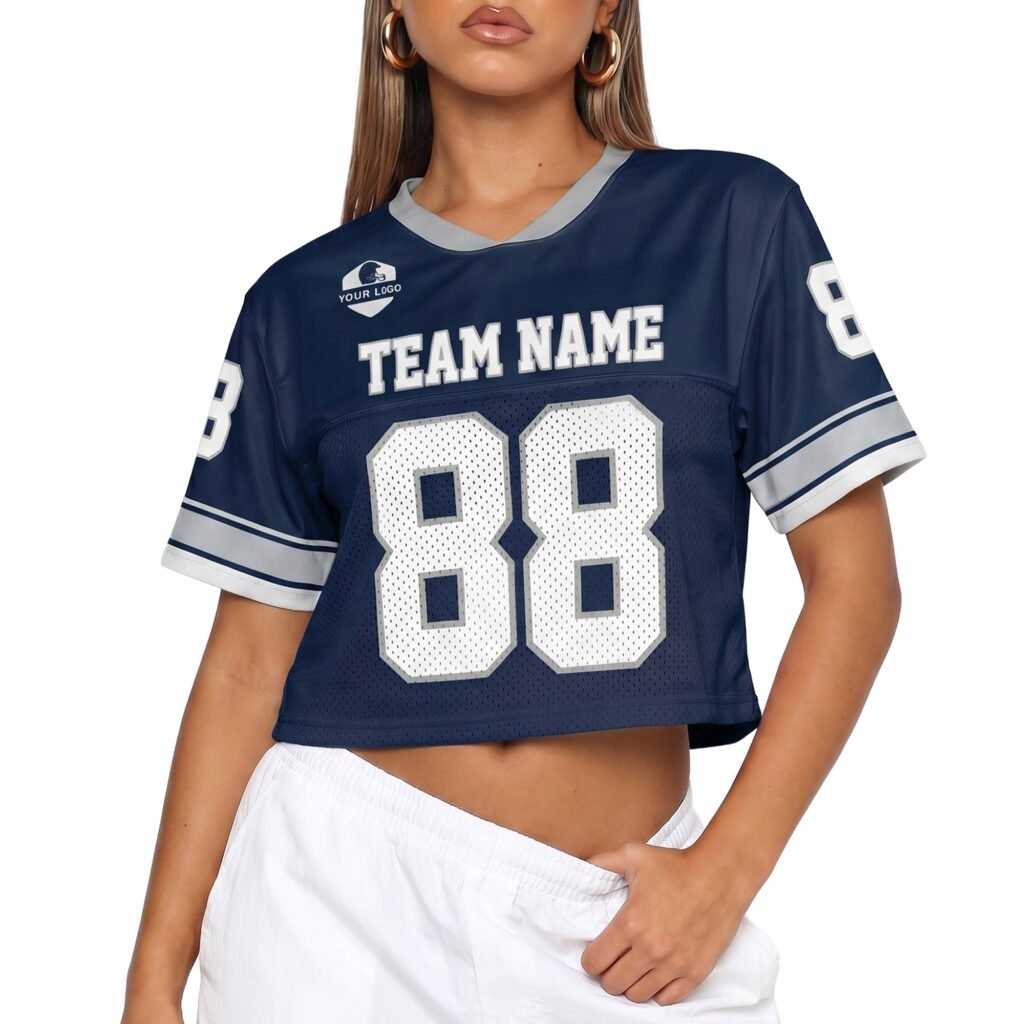 Navy and Gray Custom Women's Crop Football Jersey with Name and Number