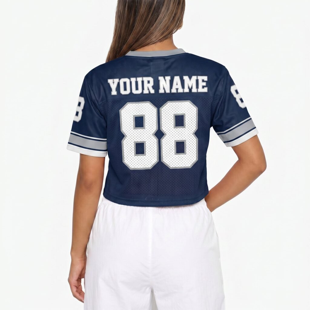 Navy and Gray Custom Women's Crop Football Jersey with Name and Number