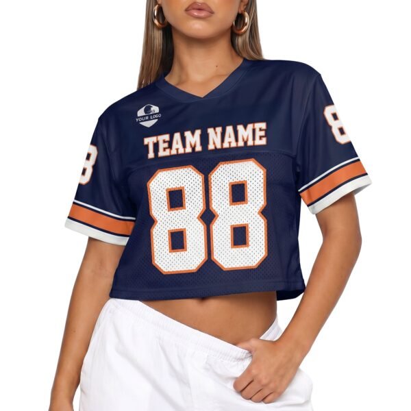 Custom Women's Crop Football Jersey Navy and Orange, front view