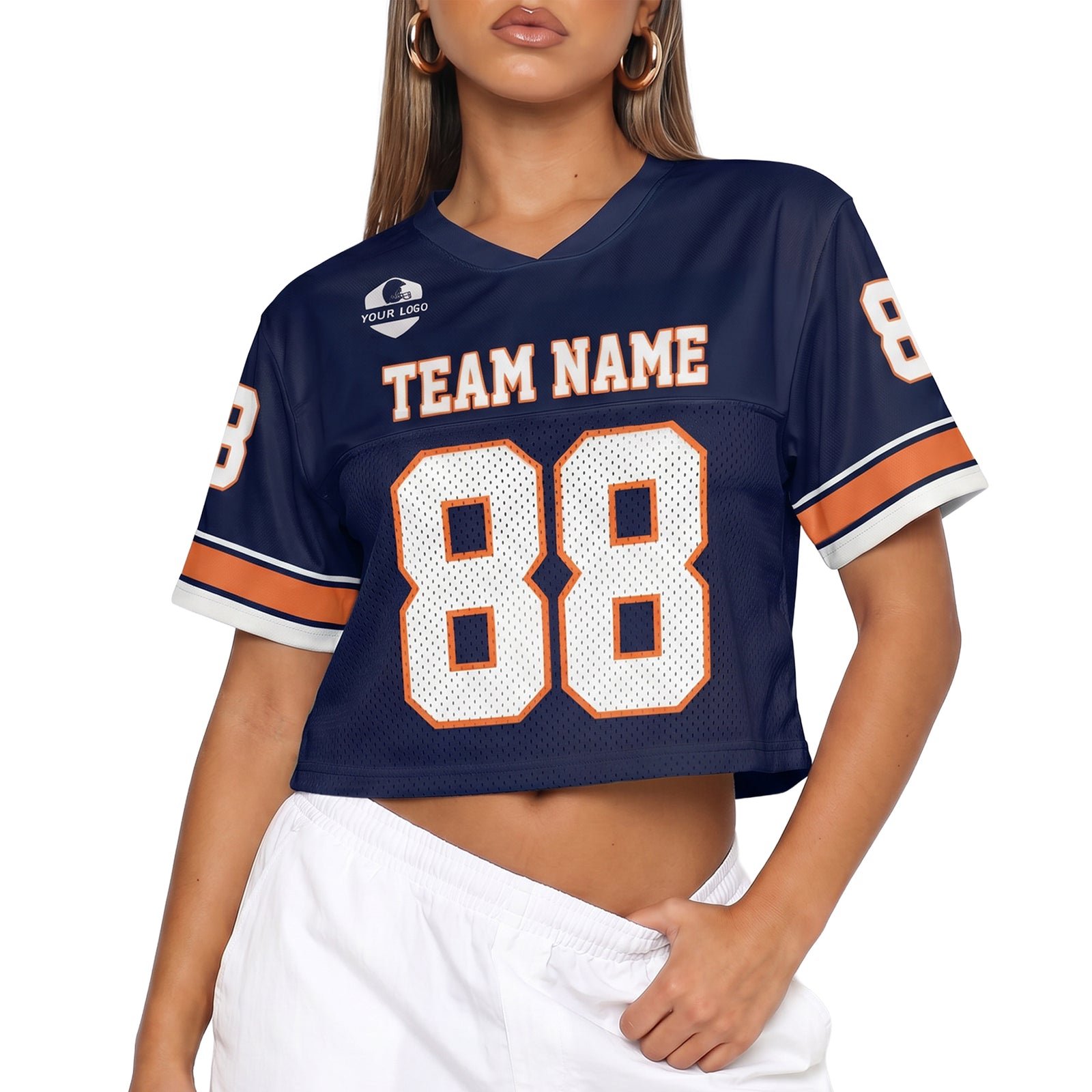 Custom Women's Crop Football Jersey Navy and Orange, front view