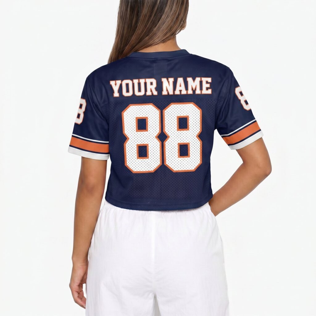 Navy and Orange Custom Women's Crop Football Jersey with Name and Number