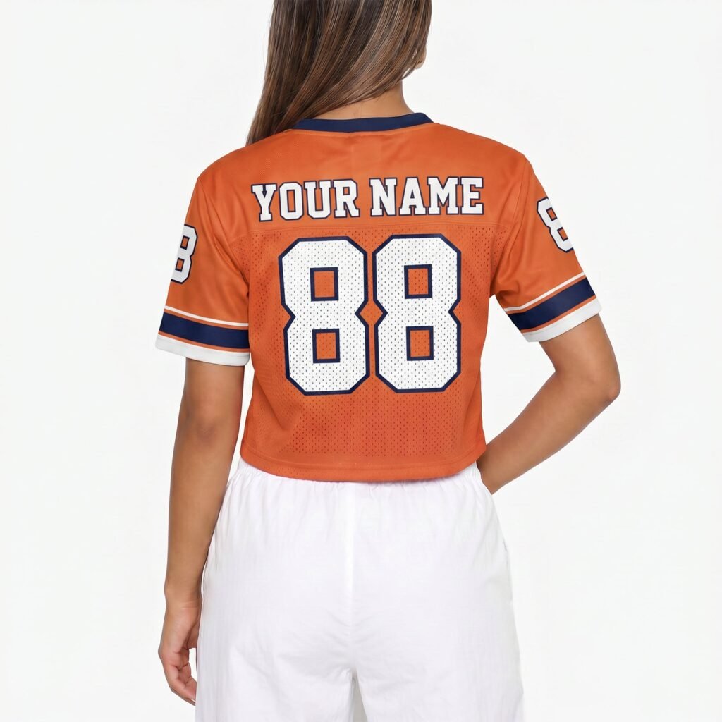 Orange and White Custom Women's Crop Football Jersey with Name and Number