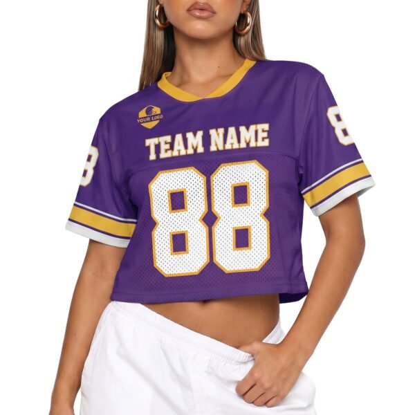 Custom Women's Crop Football Jersey Purple and Yellow, front view