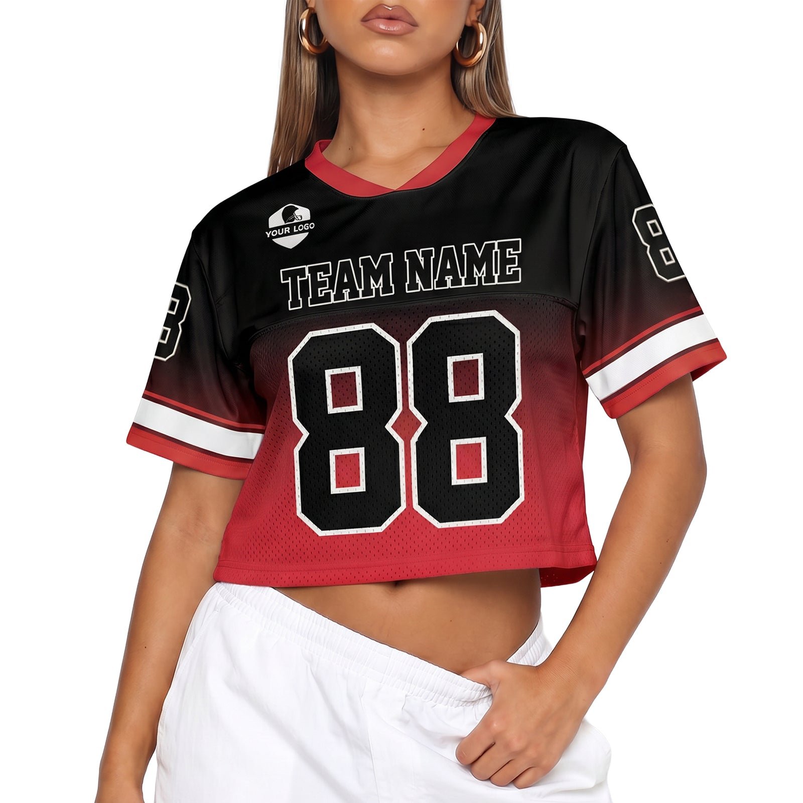Custom Women's Crop Football Jersey Red and Black Gradient, front view
