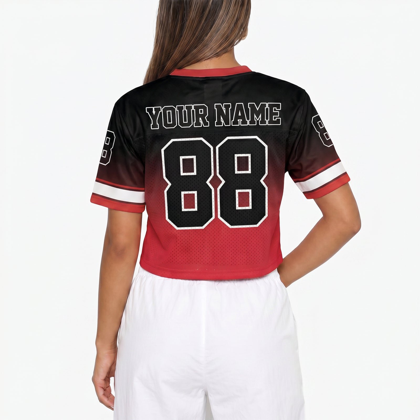 Custom Women's Crop Football Jersey Red and Black Gradient, back view