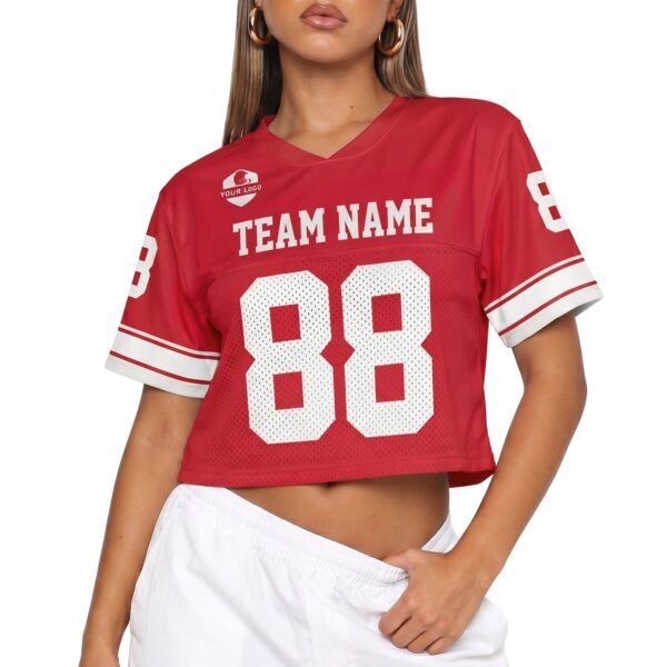 Custom Women's Crop Football Jersey Red and White, front view