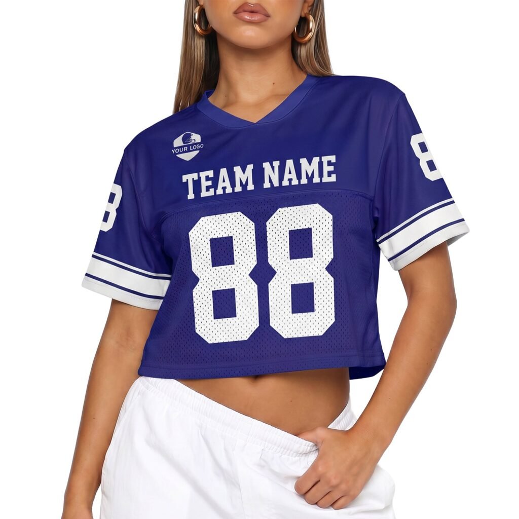 Royal and White Custom Women's Crop Football Jersey with Name and Number