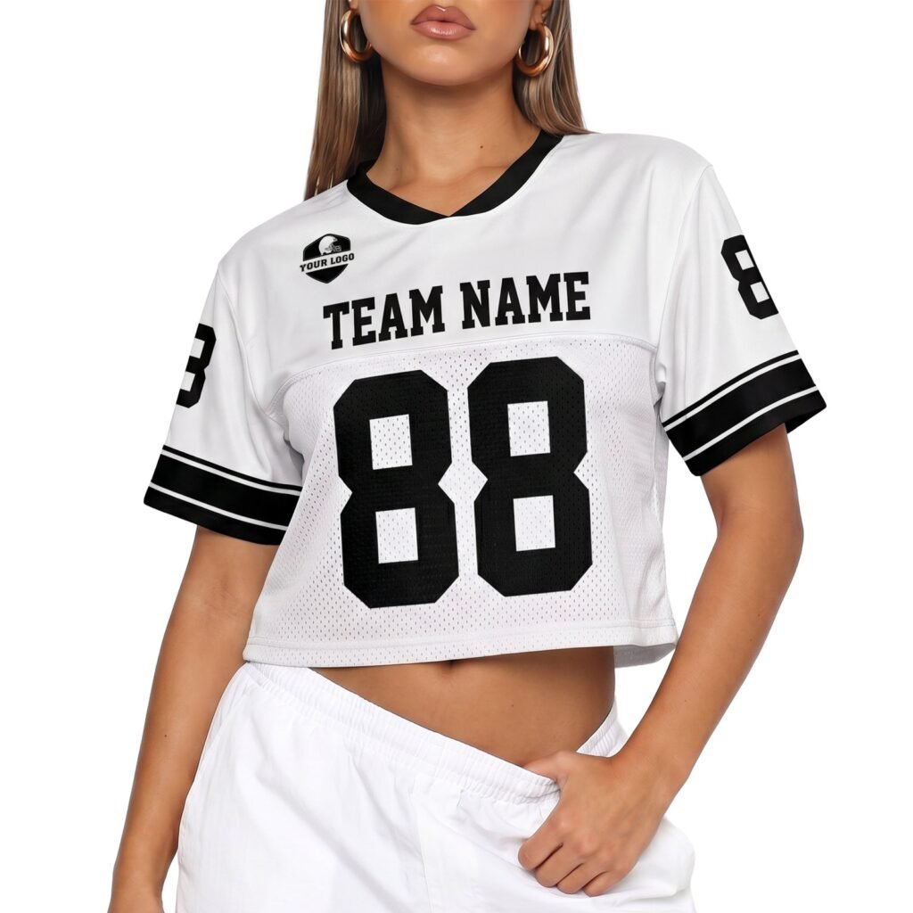 White and Black Custom Women's Crop Football Jersey with Name and Number