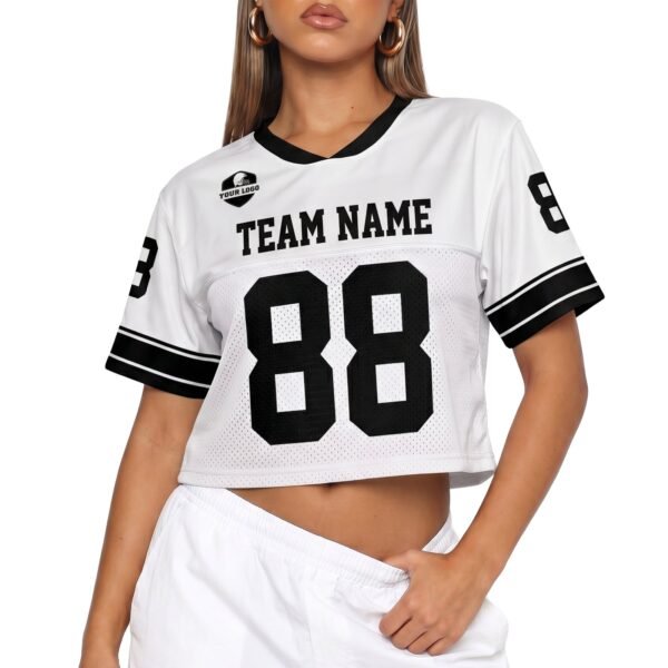 Custom Women's Crop Football Jersey White and Black, front view