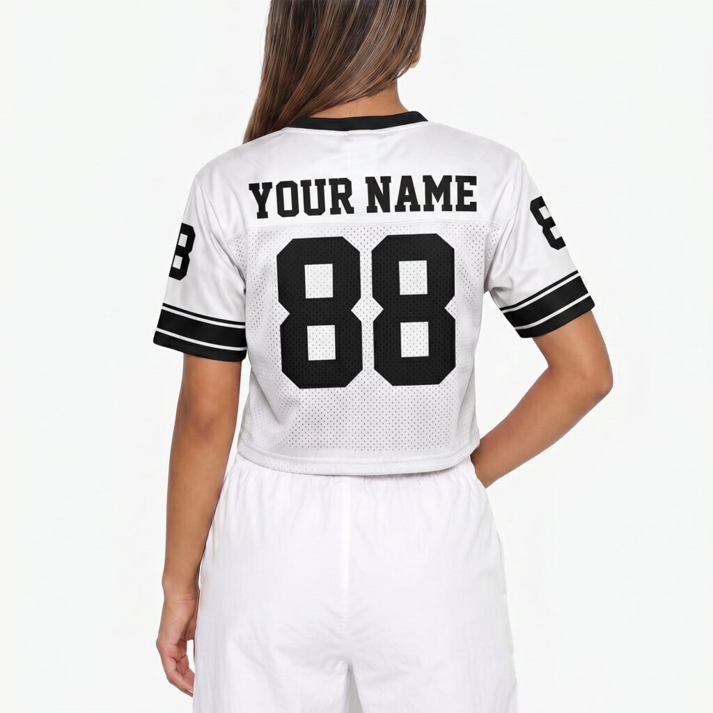 White and Black Custom Women's Crop Football Jersey with Name and Number