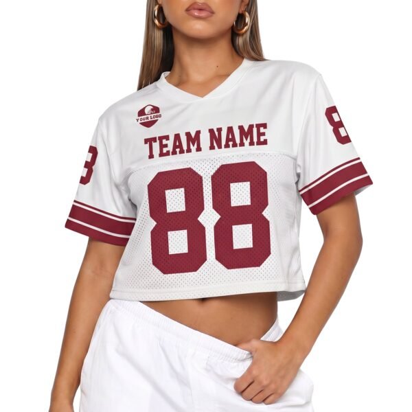 Custom Women's Crop Football Jersey White and Burgundy, front view