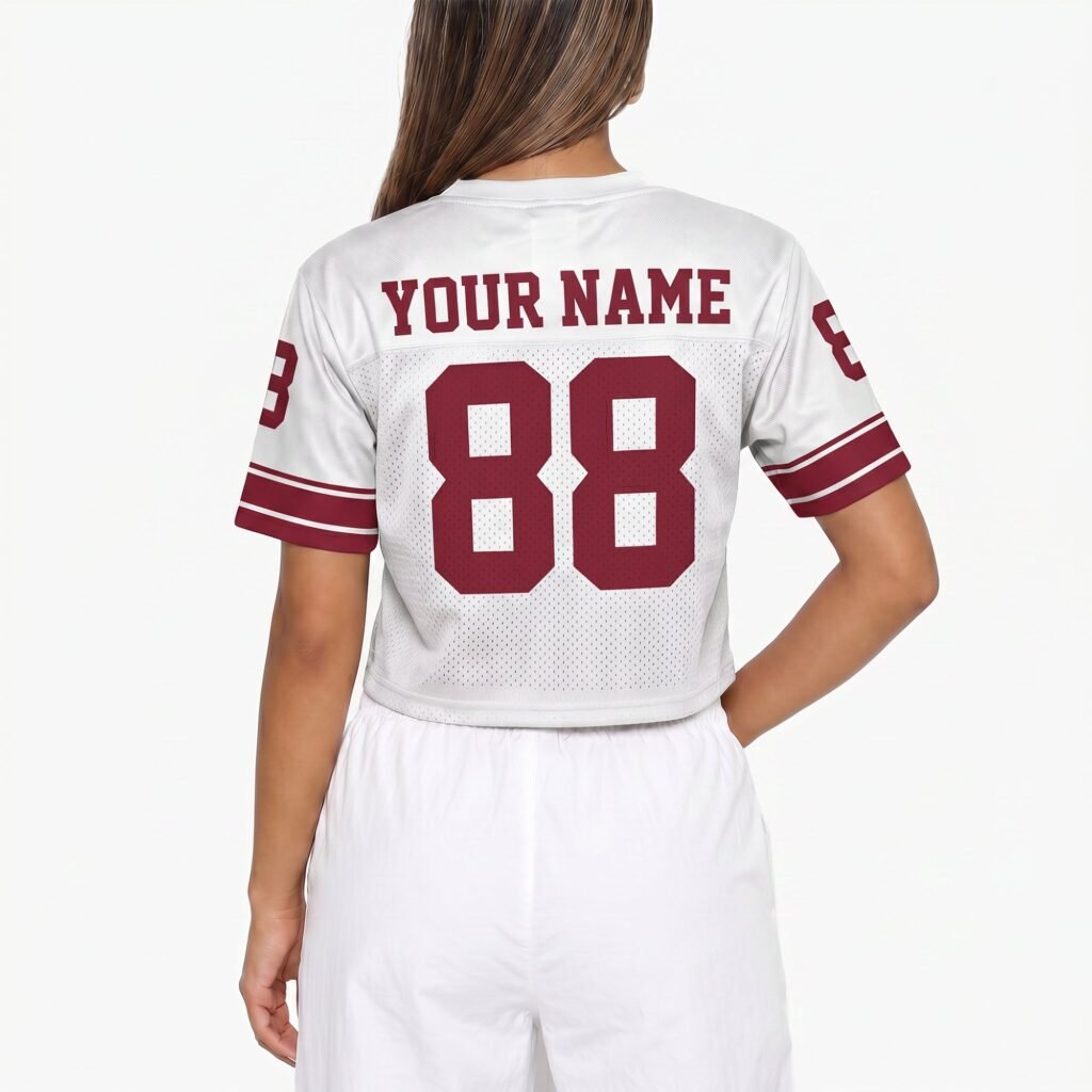 White and Burgundy Custom Women's Crop Football Jersey with Name and Number