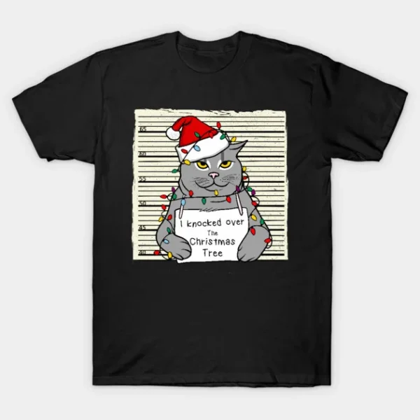 Funny Christmas Cat Mugshot I Knocked Over the Christmas Tree T-Shirt