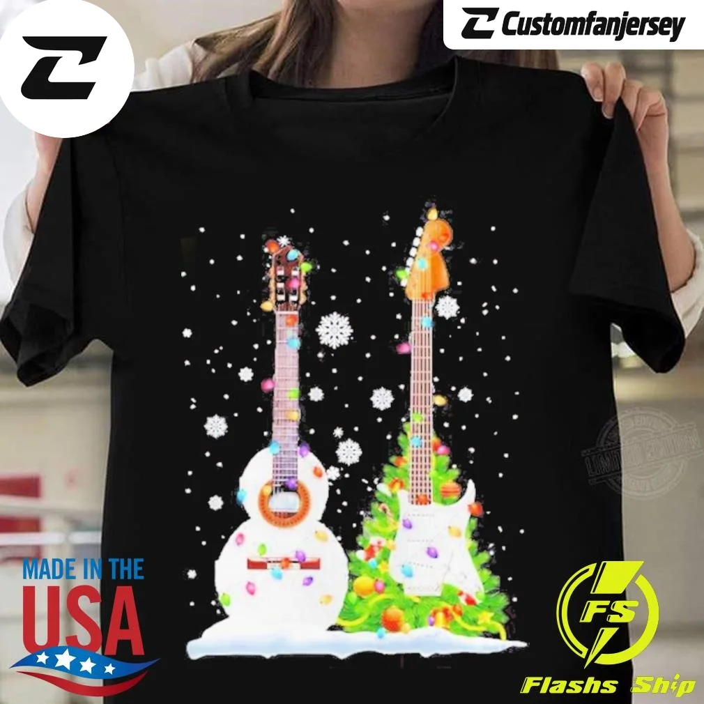 Guitar Pine Tree Merry Christmas T-Shirt - black Christmas shirt