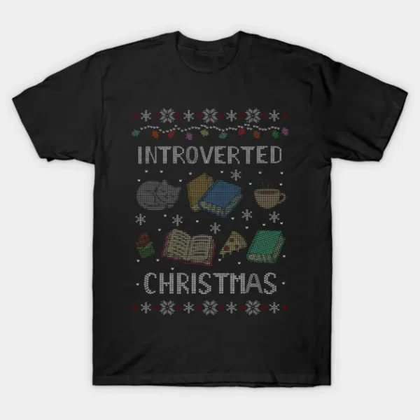 Introverted Ugly Christmas Books Cat Pizza Sweater T-Shirt