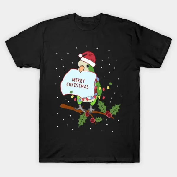 Merry Christmas Green Quaker Parrot Doodle T-Shirt