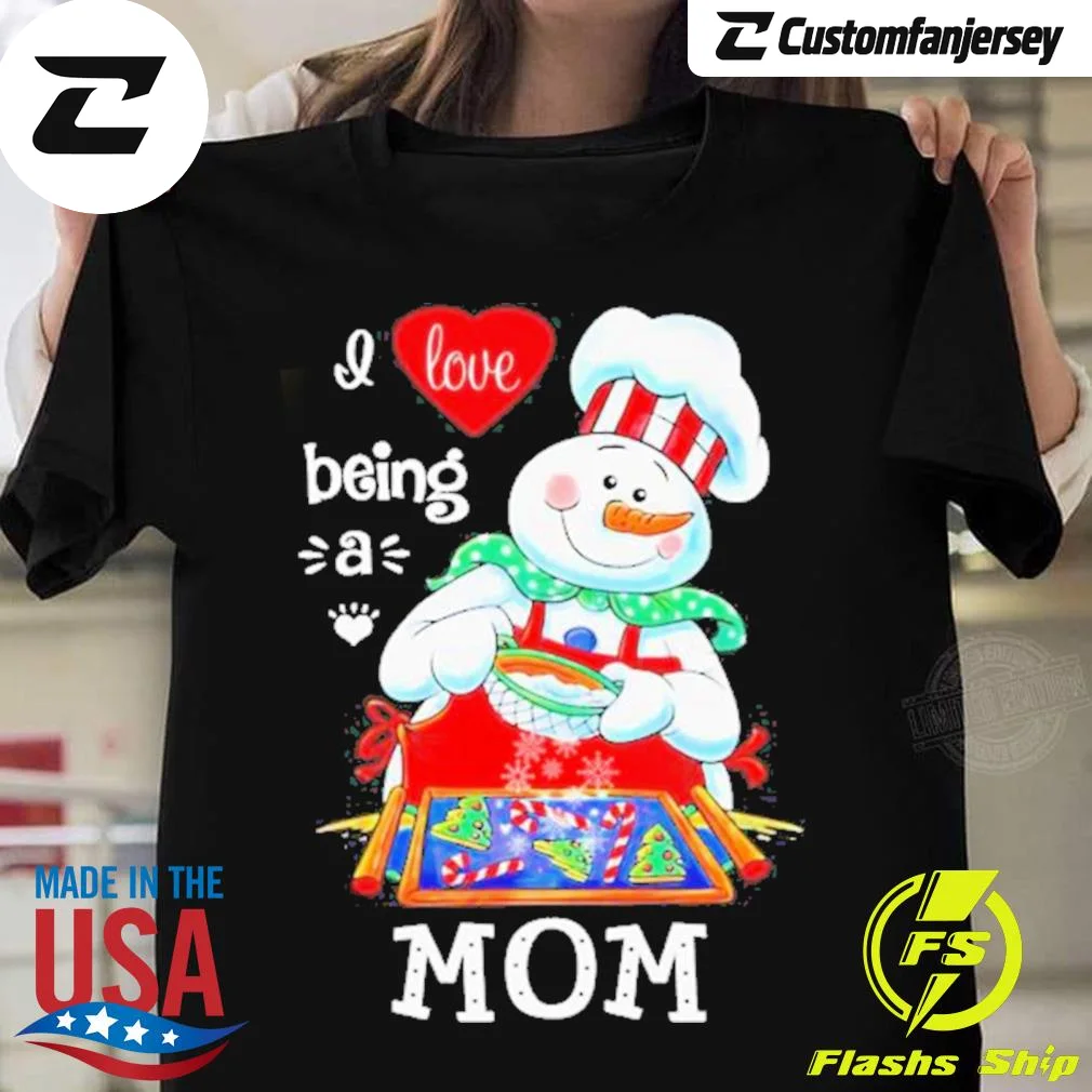 Merry Christmas Snowman Cooking I Love Being A Mom T-Shirt - black Christmas shirt