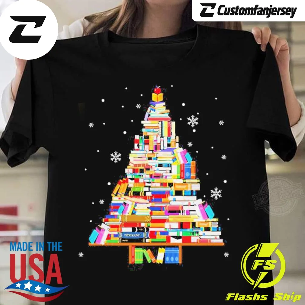 Merry Christmas Tree Books T-Shirt - black Christmas shirt