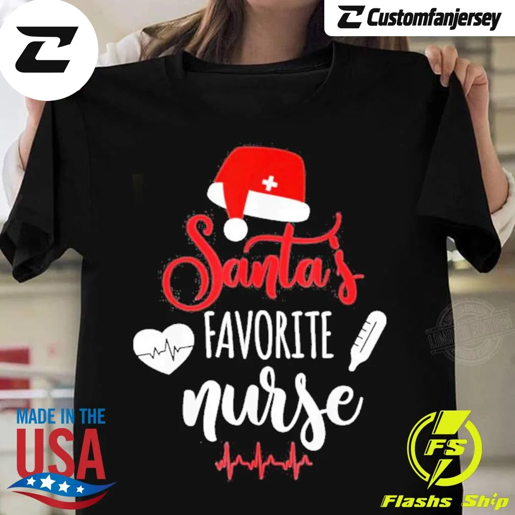 Nurse Christmas Santa’s Favorite Nurse Xmas Scrub Sweater T-Shirt - black Christmas shirt