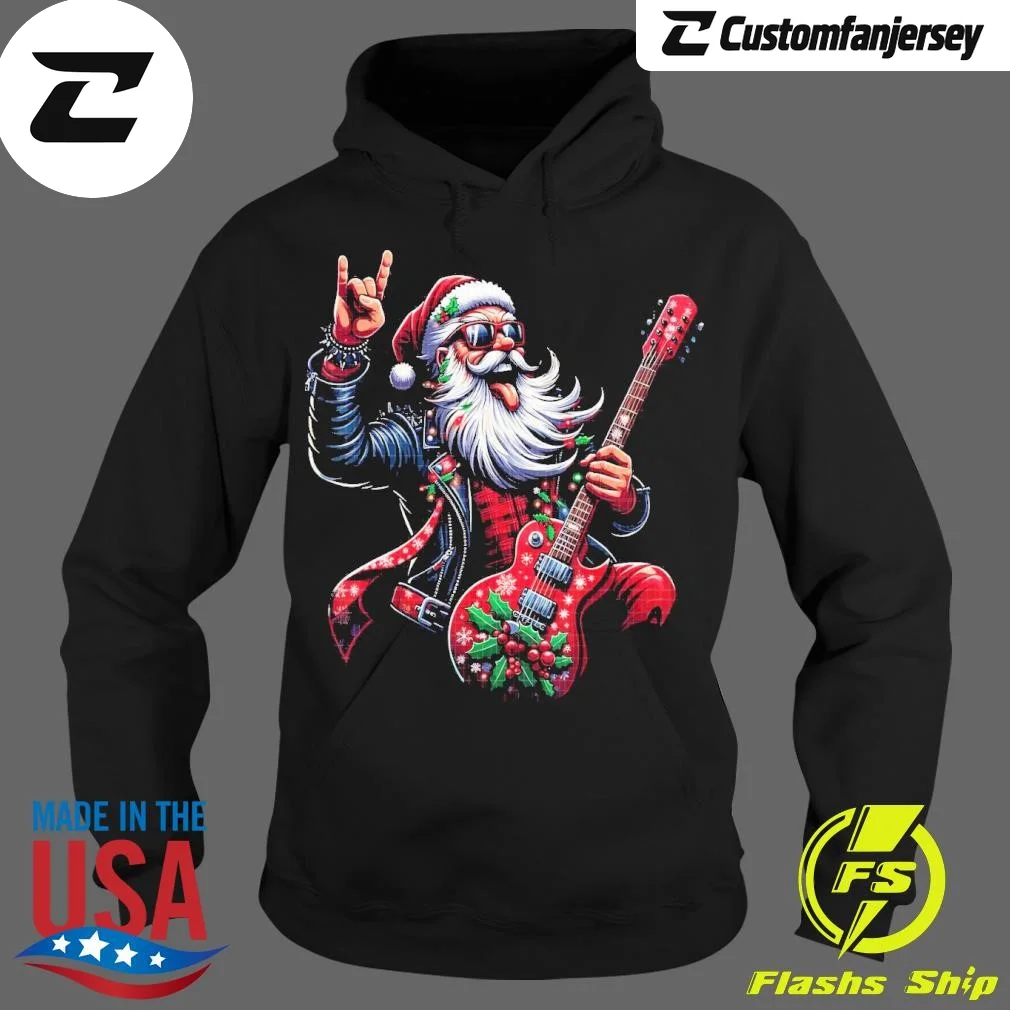 Santa Claus Guitar Player Rock and Roll Christmas Hoodie - black Christmas hoodie