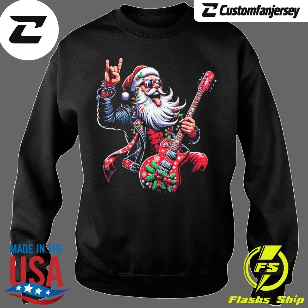 Santa Claus Guitar Player Rock and Roll Christmas Sweatshirt - black Christmas sweatshirt
