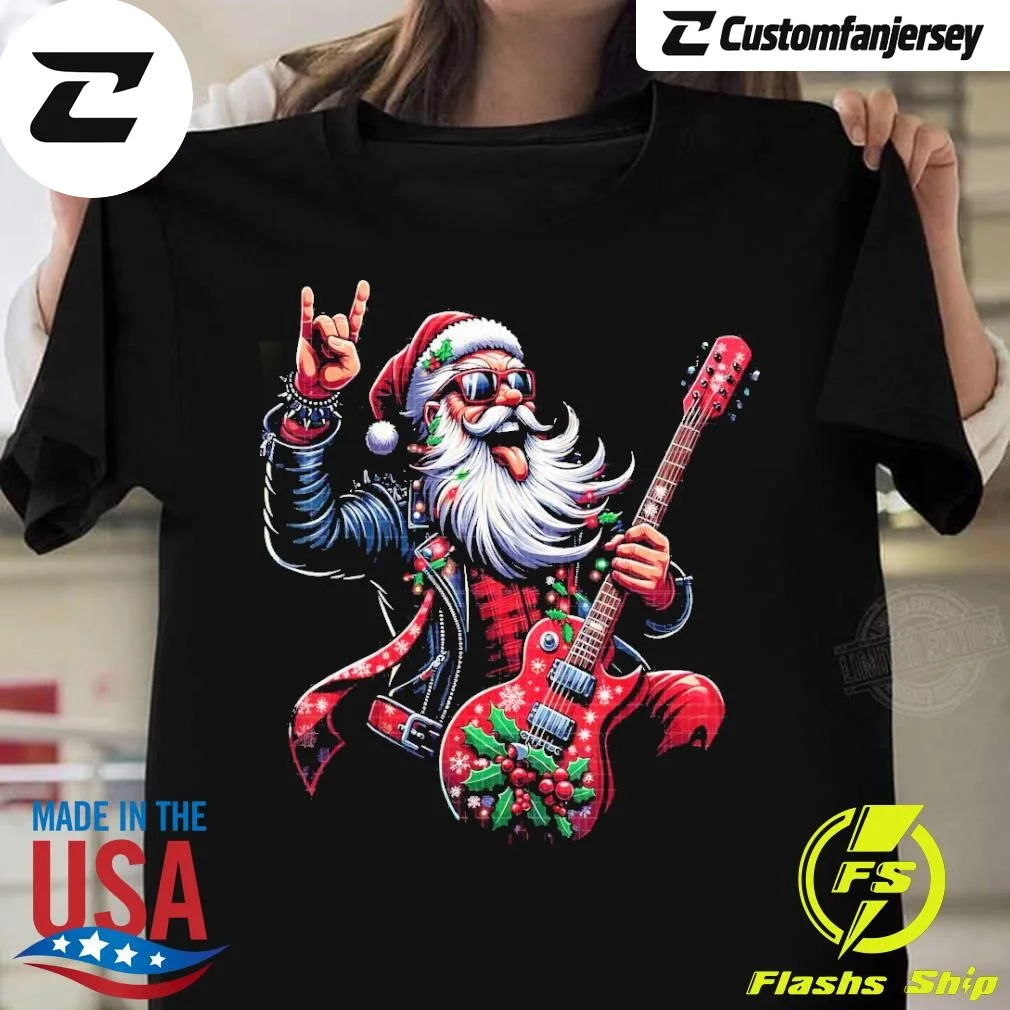 Santa Claus Guitar Player Rock and Roll Christmas T-Shirt - black Christmas shirt