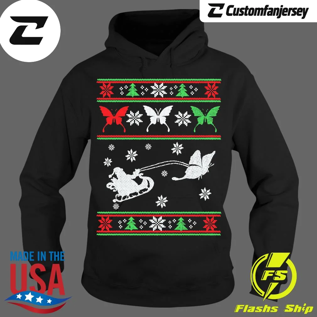 Santa Claus Riding Butterfly Ugly Christmas Hoodie - black Christmas hoodie