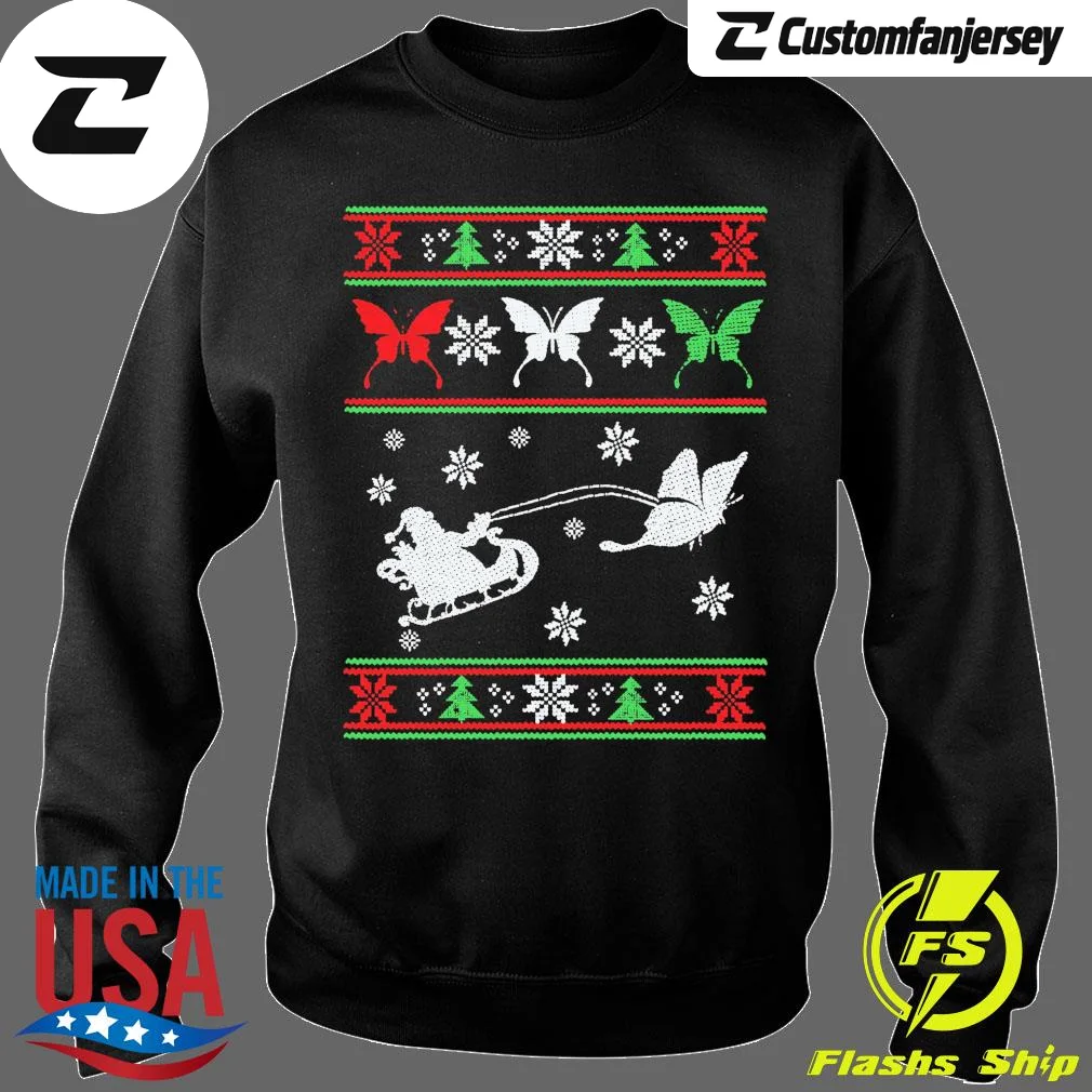 Santa Claus Riding Butterfly Ugly Christmas Sweatshirt - black Christmas sweatshirt