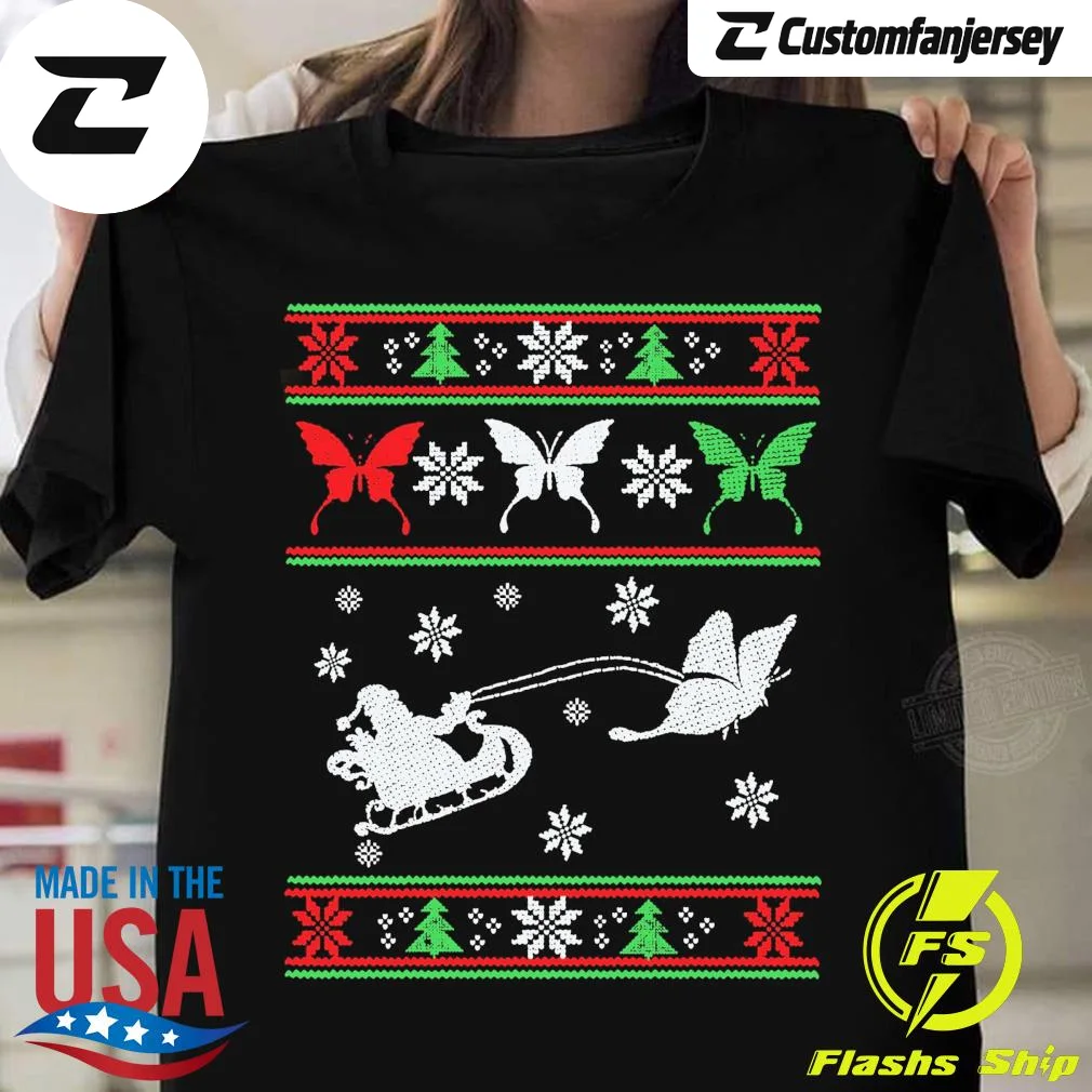 Santa Claus Riding Butterfly Ugly Christmas T-Shirt - black Christmas shirt