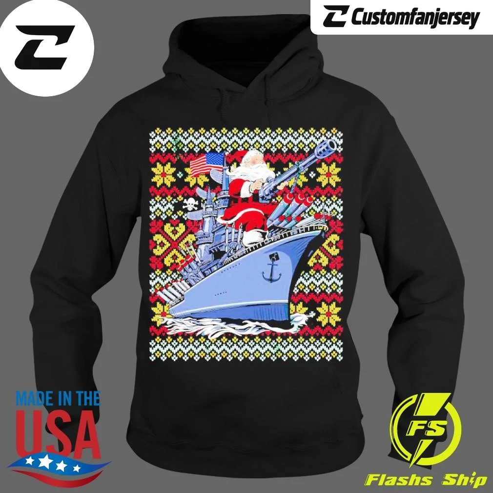 Santa Claus Storming Ship Ugly Christmas Hoodie - black Christmas hoodie
