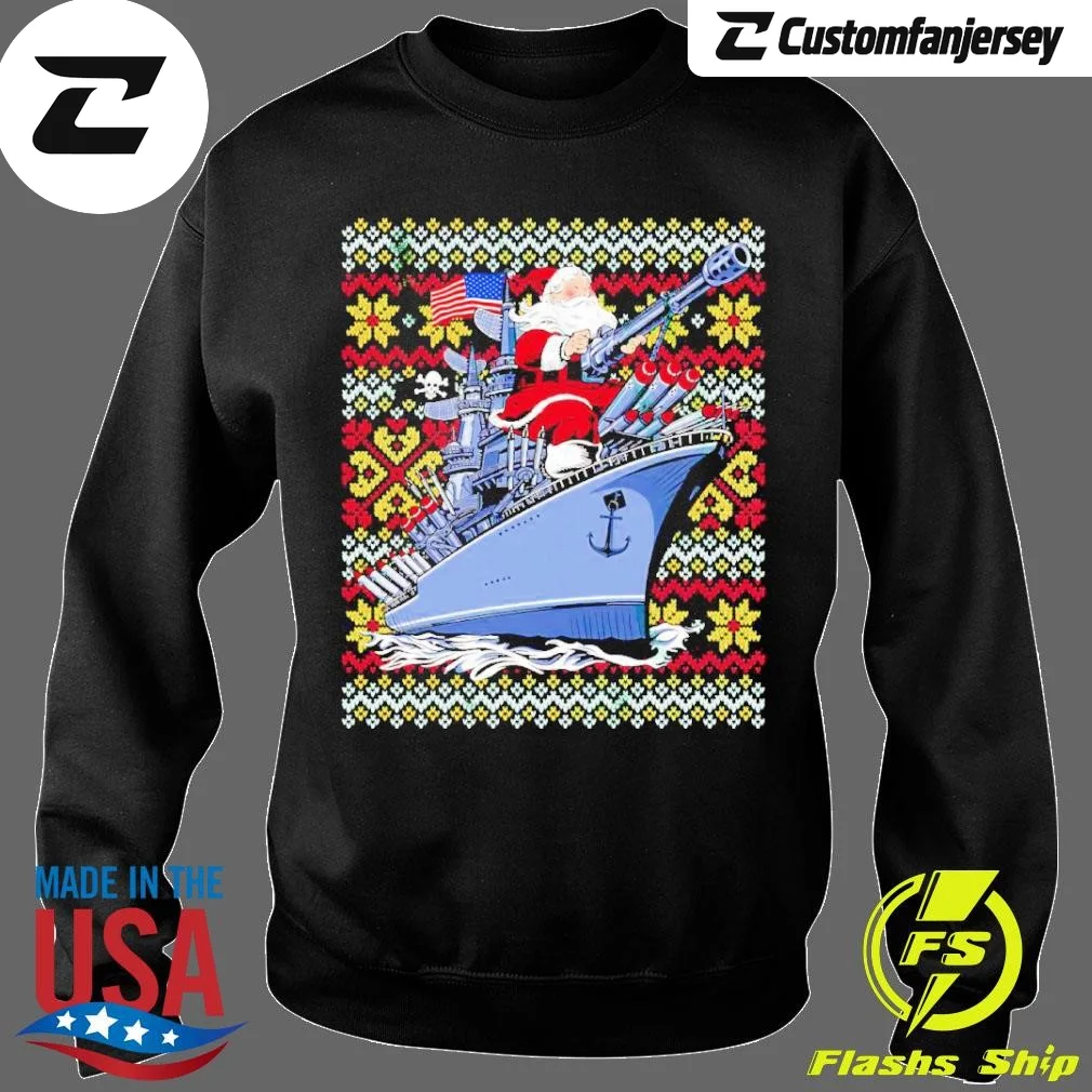Santa Claus Storming Ship Ugly Christmas Sweatshirt - black Christmas sweatshirt